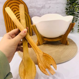 کاسه سالاد سرامیکی پایه چوبی